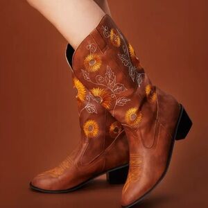 Brown Cowboy Boots with Sunflower Embroidery